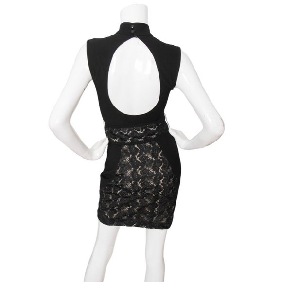 Bebe Lace Sleeveless Fringe Sash Open Back Mini Sheath Dress 2 - Picture 4 of 5